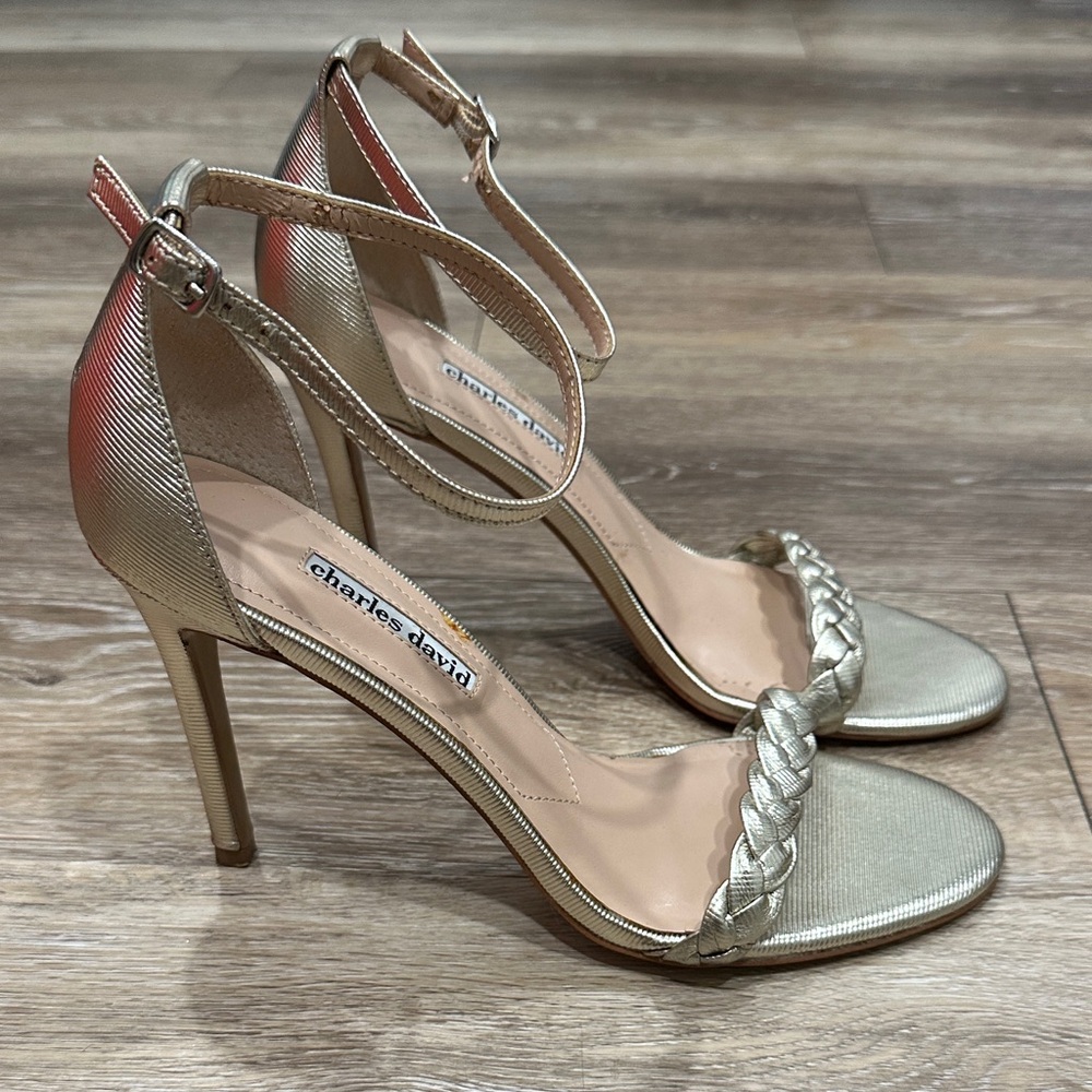 Charles David Gold Braided Ankle Strap Heels